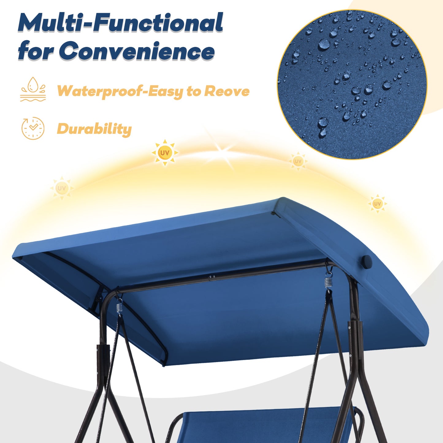 3 Seat Outdoor Patio Porch Swing, Outdoor Swing Chair with Removable Cushions, Porch Swing with Adjustable Canopy for Backyard, Porch, Garden,Fabric Seat(Blue)