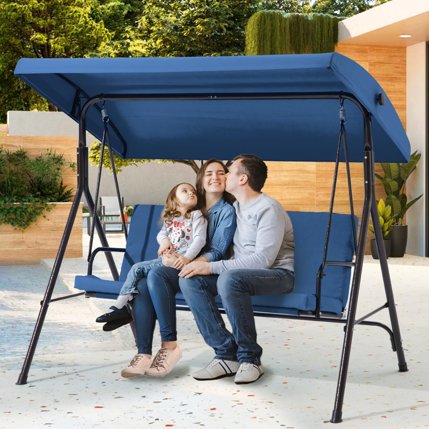 3 Seat Outdoor Patio Porch Swing, Outdoor Swing Chair with Removable Cushions, Porch Swing with Adjustable Canopy for Backyard, Porch, Garden,Fabric Seat(Blue)