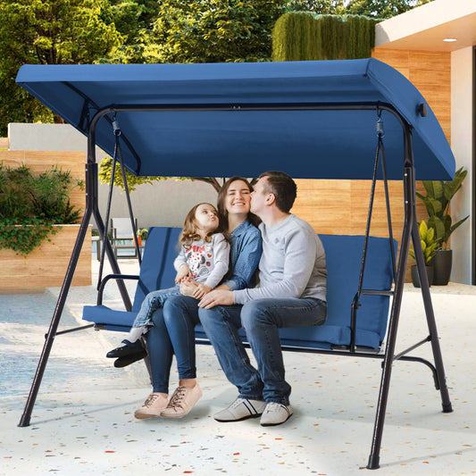3 Seat Outdoor Patio Porch Swing, Outdoor Swing Chair with Removable Cushions, Porch Swing with Adjustable Canopy for Backyard, Porch, Garden,Fabric Seat(Blue)