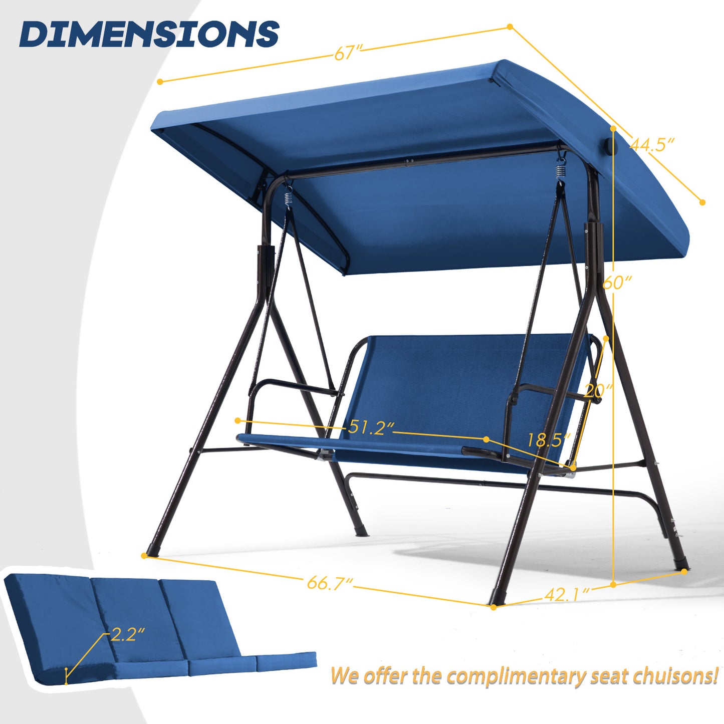 3 Seat Outdoor Patio Porch Swing, Outdoor Swing Chair with Removable Cushions, Porch Swing with Adjustable Canopy for Backyard, Porch, Garden,Fabric Seat(Blue)