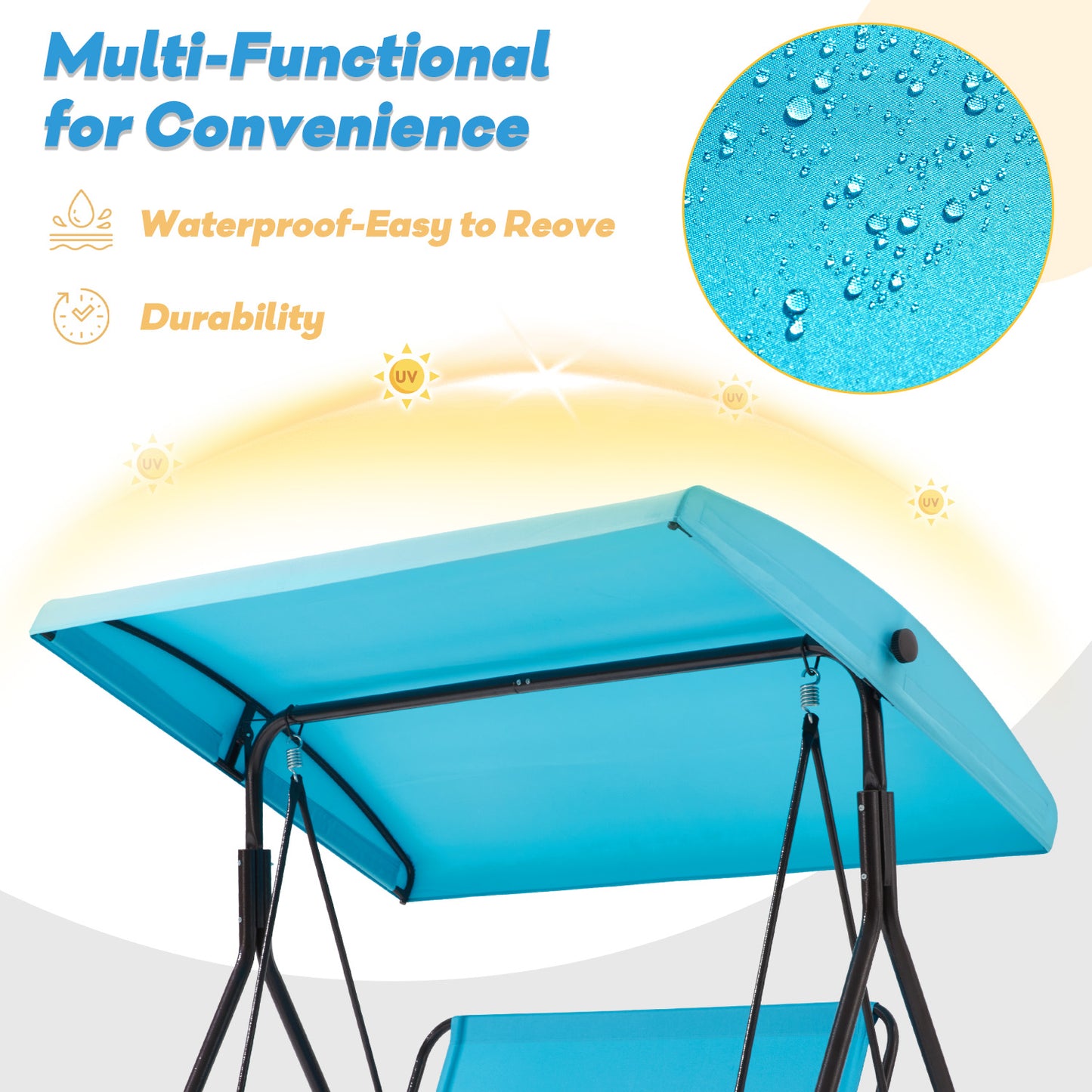 3 Seat Outdoor Patio Porch Swing, Outdoor Swing Chair with Removable Cushions, Porch Swing with Adjustable Canopy for Backyard, Porch, Garden,Fabric Seat(Lake Blue)