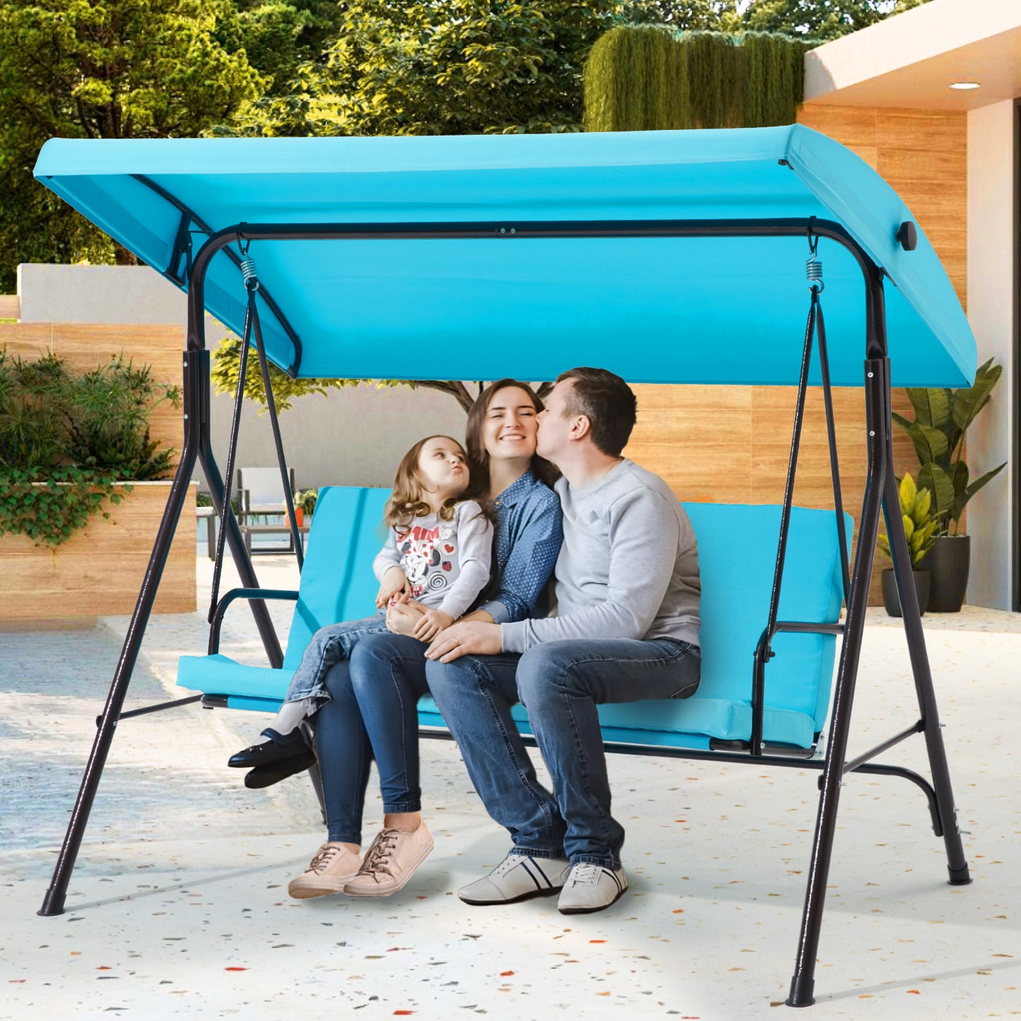 3 Seat Outdoor Patio Porch Swing, Outdoor Swing Chair with Removable Cushions, Porch Swing with Adjustable Canopy for Backyard, Porch, Garden,Fabric Seat(Lake Blue)
