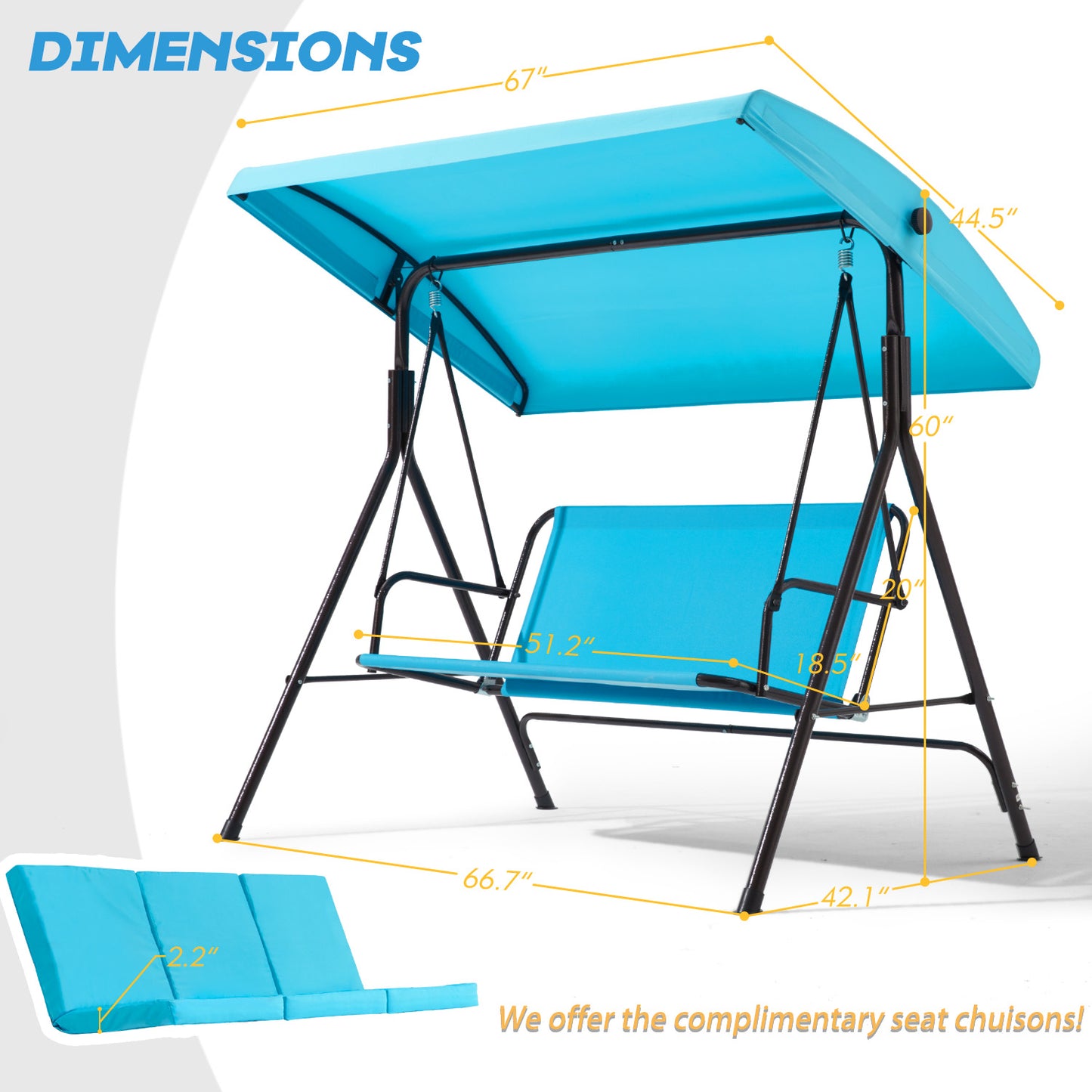 3 Seat Outdoor Patio Porch Swing, Outdoor Swing Chair with Removable Cushions, Porch Swing with Adjustable Canopy for Backyard, Porch, Garden,Fabric Seat(Lake Blue)