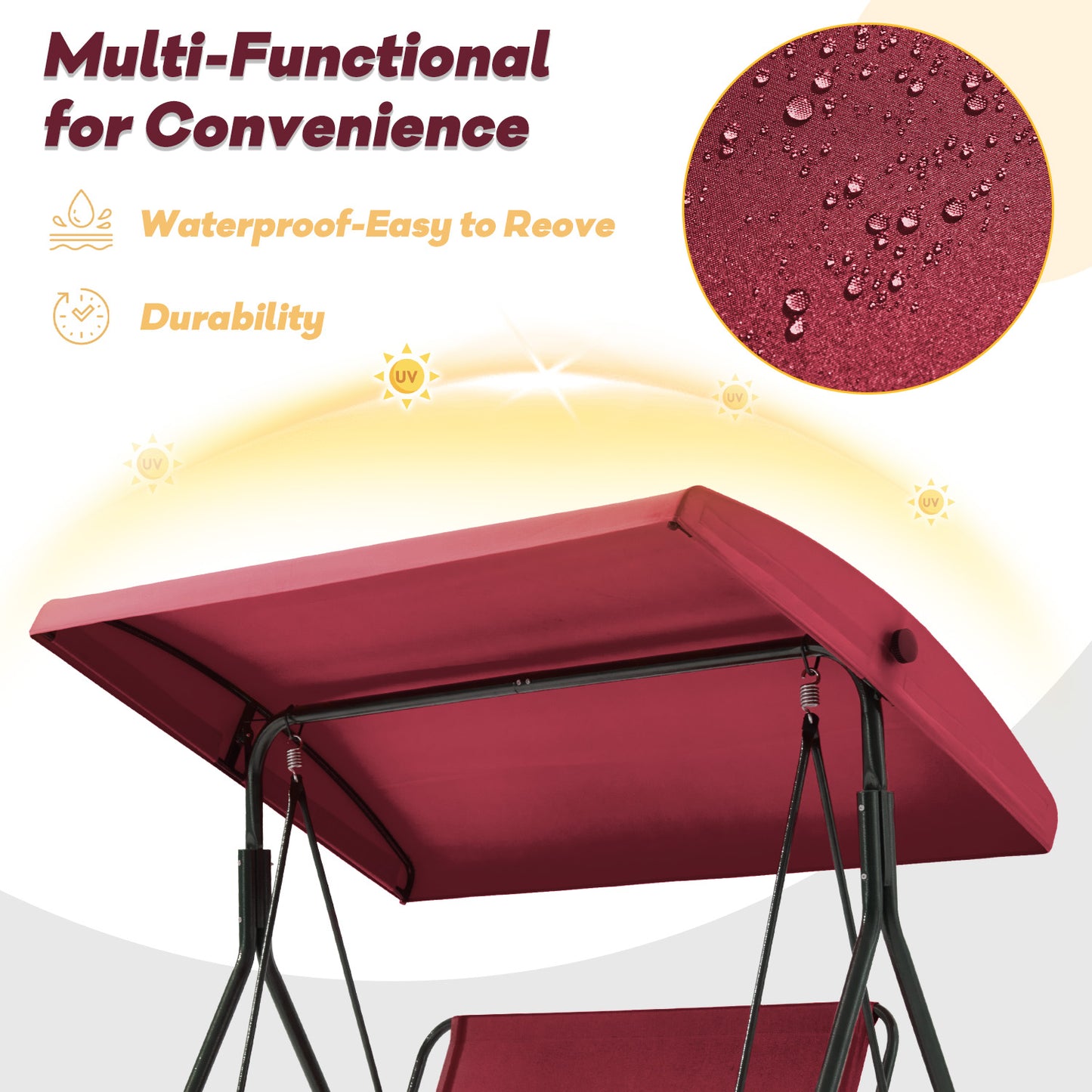 3 Seat Outdoor Patio Porch Swing, Outdoor Swing Chair with Removable Cushions, Porch Swing with Adjustable Canopy for Backyard, Porch, Garden,Fabric Seat(Red)
