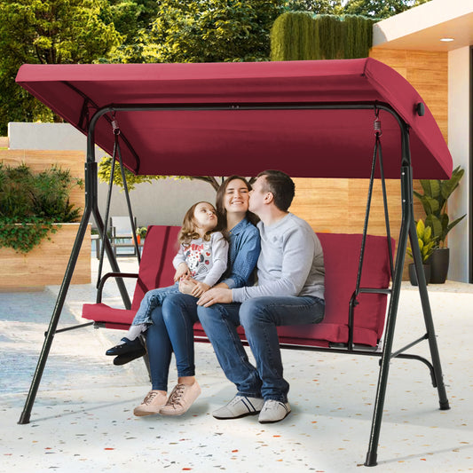 3 Seat Outdoor Patio Porch Swing, Outdoor Swing Chair with Removable Cushions, Porch Swing with Adjustable Canopy for Backyard, Porch, Garden,Fabric Seat(Red)