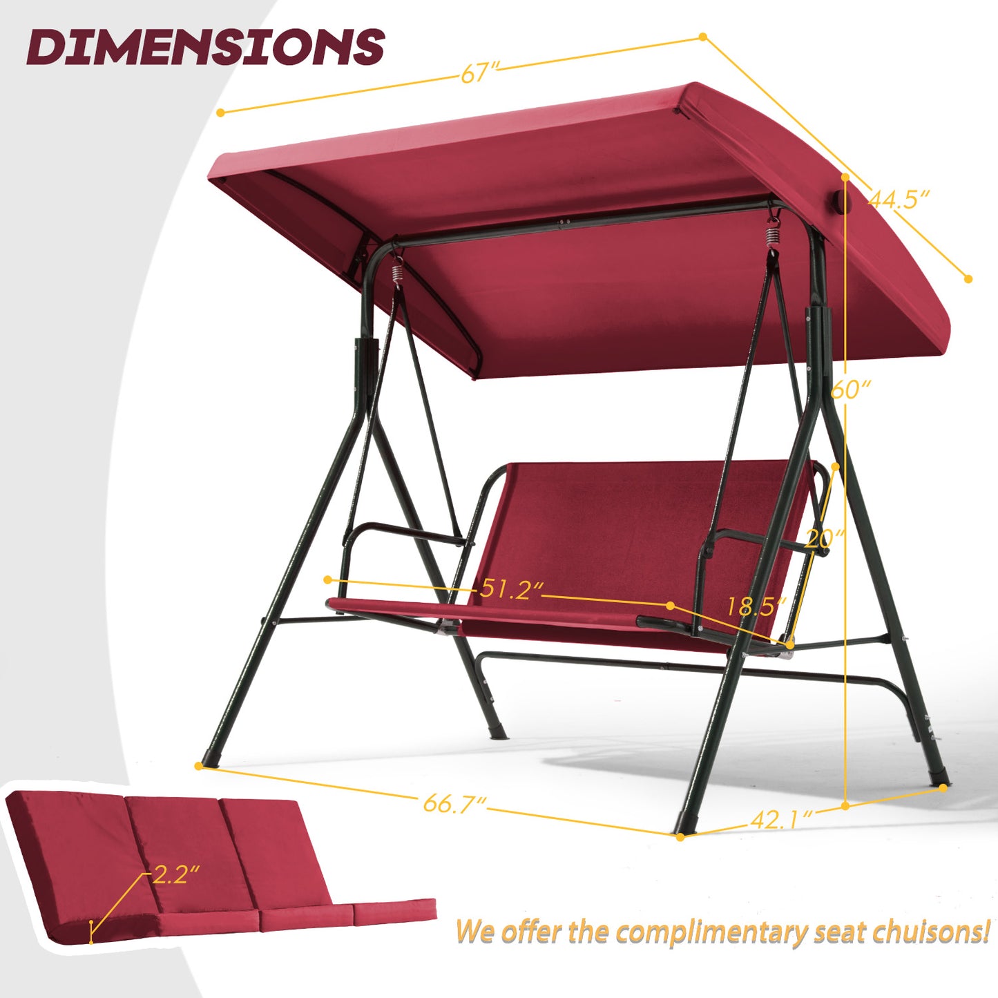 3 Seat Outdoor Patio Porch Swing, Outdoor Swing Chair with Removable Cushions, Porch Swing with Adjustable Canopy for Backyard, Porch, Garden,Fabric Seat(Red)